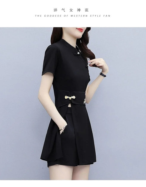 Women's Suit Chinese Style Outfits Matching Crop Top Shorts Two Piece Sets Summer Retro Cheongsam Lady Clothes