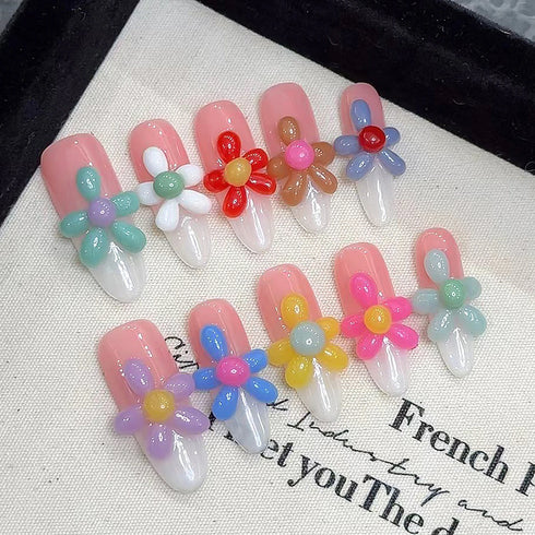 10pcs Artistic Press On Nails Featuring Elegant French Style with Hand Painted 3D Floral Designs - Perfect Summer Short Tips for Parties