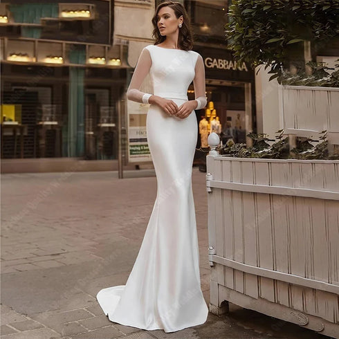 Elegant Long Sleeve Satin Mermaid Wedding Dress Floor Length Bridal Gown