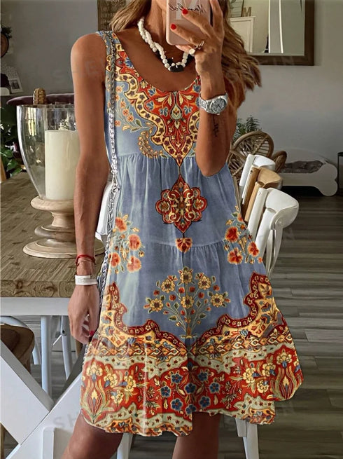 Plus Size Summer Printed Pleated Sleeveless V Neck Dress for Women