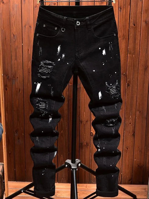 Retro Ripped Black Stretch Jeans Men's Casual Comfort Pants