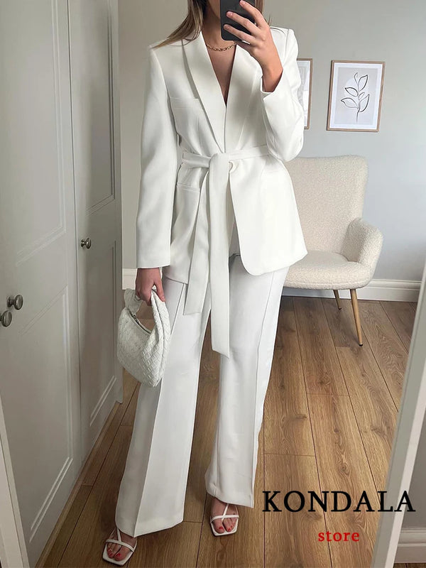 Chic Women's Office Blazer and Wide Leg Pants Set - Long Sleeve V Neck Sashes Blazer with Elastic Waist High Waist Trousers for Casual Spring/Summer Fashion