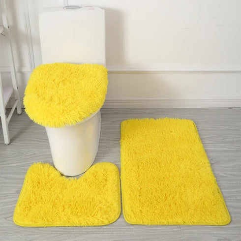 3 Piece Solid Color Bathroom Carpet Set Non-Slip Toilet Lid Cover Rugs Kit