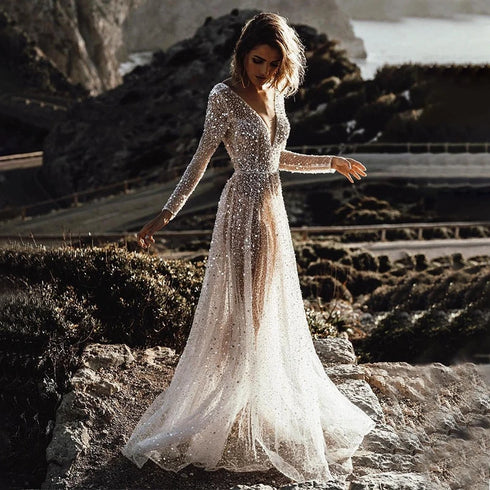 Mordern V- Neck Sequins Wedding Dresses Long Sleeves Gowns