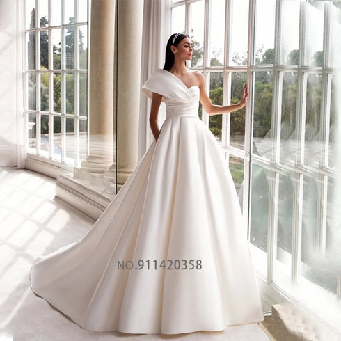 Modern One Shoulder Satin A-Line Wedding Dresses Gown