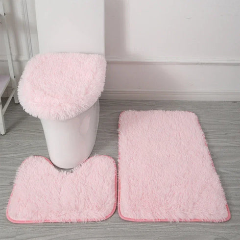 3 Piece Solid Color Bathroom Carpet Set Non-Slip Toilet Lid Cover Rugs Kit
