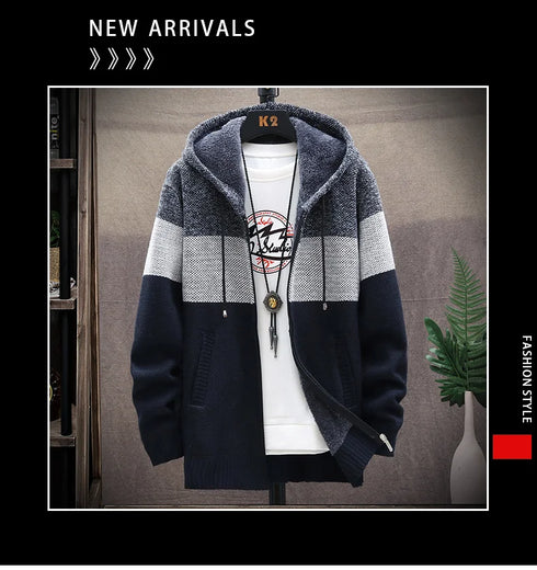 Men's Fleece Knit Sweater Coat with Stripes - Stylish Casual Jackets and Hoodies for Winter and Autumn, Thick Warm Windbreaker Pullovers for Everyday Wear