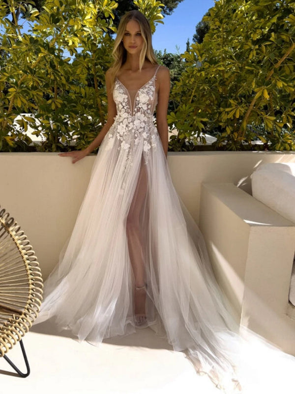 Sexy V-neck Wedding Dress Spaghetti Straps Boho A-line Gown