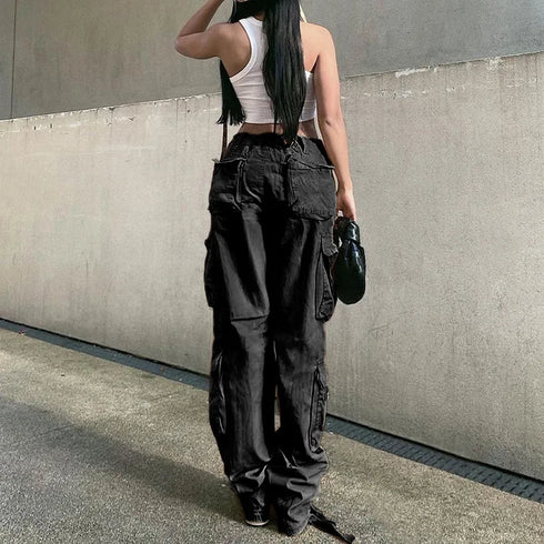 Vintage-Inspired Low Waist Y2K Cargo Pants for Women - Trendy Straight Denim Jeans with Pockets for Effortless Streetwear Looks and Fall Outfits with Jeans