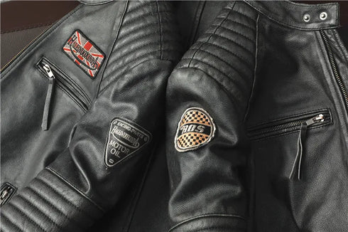 Vintage Genuine Leather Biker Jacket for Men – Slim Fit Cowhide Motorcycle Outerwear with Pockets and Embroidery Details for All Seasons