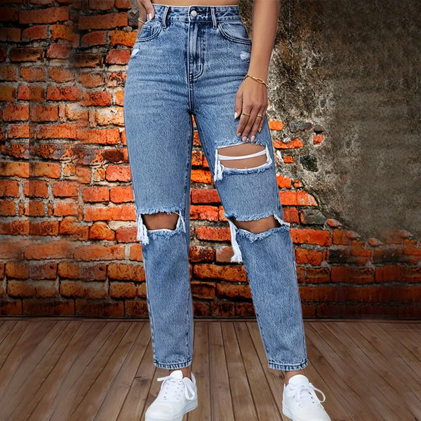 Distressed Ripped Jeans For Women High Waist Straight Leg Denim Vintage Washed Ankle Length