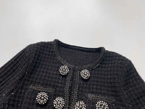 Luxury Autumn Double Breasted Beading Diamonds Mini Knit Dress for Women