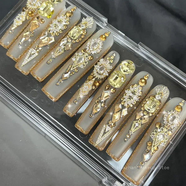 Customizable Handmade Glittery Rhinestone 3D Flower Press On Nails - Extra Long Reusable 3XL Acrylic False Nail Tips for Party, Wedding, and Special Occasions