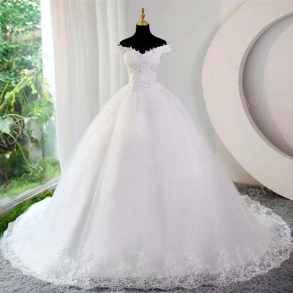 Plus Size Off Shoulder Lace Mermaid Wedding Dress With Train, Vintage Appliques Gown