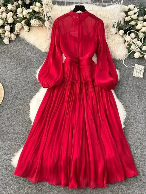 French Luxury Folds Wedding Formal Occasion Dress Women Stand Puff Sleeve Pleated Holiday Chic Robe