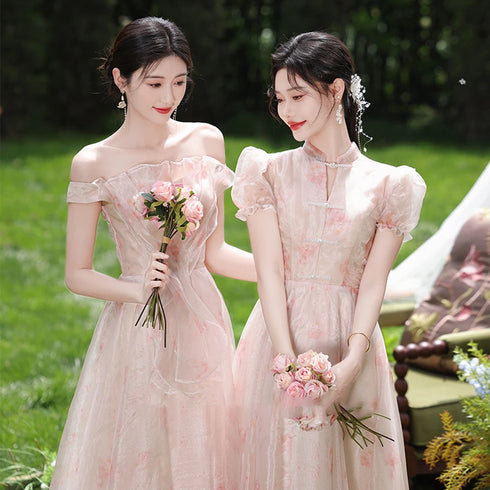 Off Shoulder Bridesmaid Dress Elegant Bubble Sleeve Floral Print Aline Gown For Party