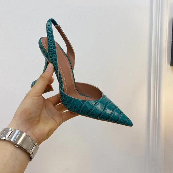 Fashionable Crocodile Leather Pointed High Heel Sandals for Women