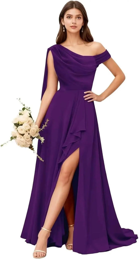 Bridesmaid Dress One Shoulder Chiffon With Pleated Ruffles A-Line Floor-Length Slit Bridal Dress