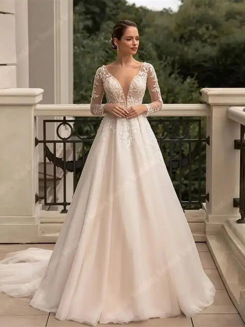 Elegant Deep V-Neck Wedding Dresses For Women A-Line Lace