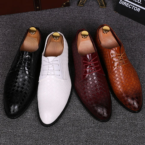 Elegant Plaid Pointed Toe Lace-Up Men's Leather Oxfords - Stylish Casual Business Dress Shoes for Formal Occasions