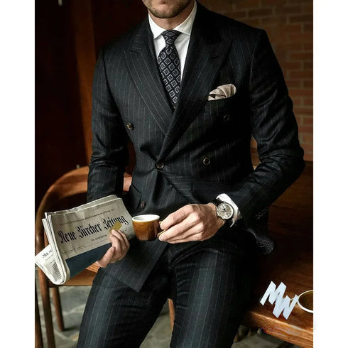 Luxury Black Double Breasted Suit for Men Elegant 2 Piece Jacket and Pants