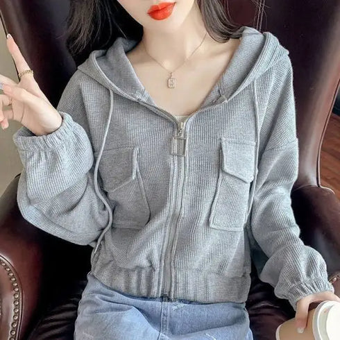 Hooded Spring Jacket for Women Short Summer Thin Zipper Cardigan Loose Work Casual Top