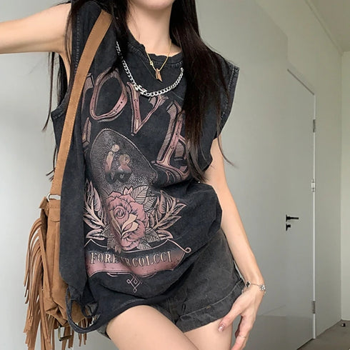 Gothic Punk Women's Distressed Sleeveless Tank Top - Stylish Y2K Streetwear for Summer with Unique Print Design