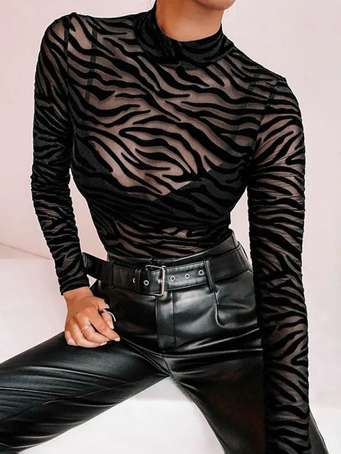 Mesh Transparent Sexy Long Sleeve Bodysuit for Women Party and Club Wear