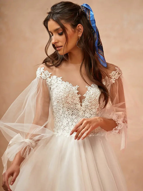 Tulle Wedding Dress With Long Puff Sleeves And Sheer O-Neck Appliques Floor-Length A-Line Bridal Gown