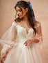 Tulle Wedding Dress With Long Puff Sleeves And Sheer O-Neck Appliques Floor-Length A-Line Bridal Gown