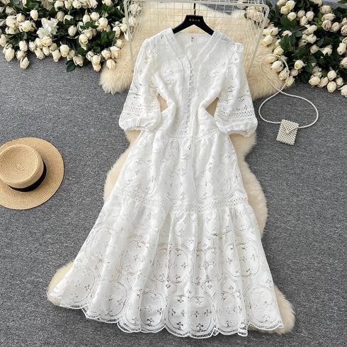 Elegant Embroidery White Lace Long Dress for Women Evening Occasion