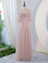 V-Neck Ruched Tulle A-Line Dress With Square Collar And Appliques And Bow Bridesmaid Dress