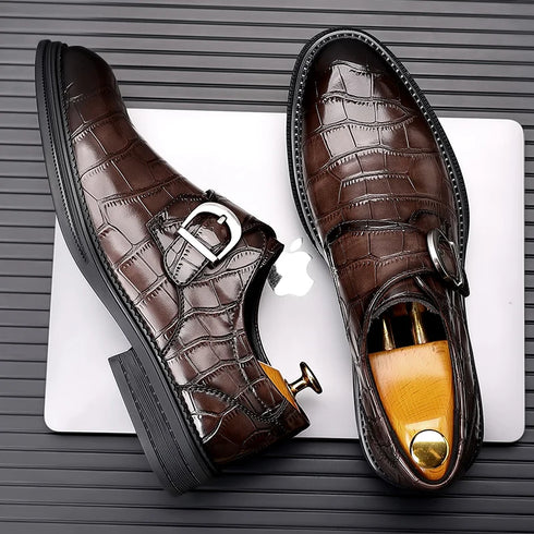 Formal Men's Loafers Handmade Leather Casual Footwear Driving Shoes with Metal Buckle