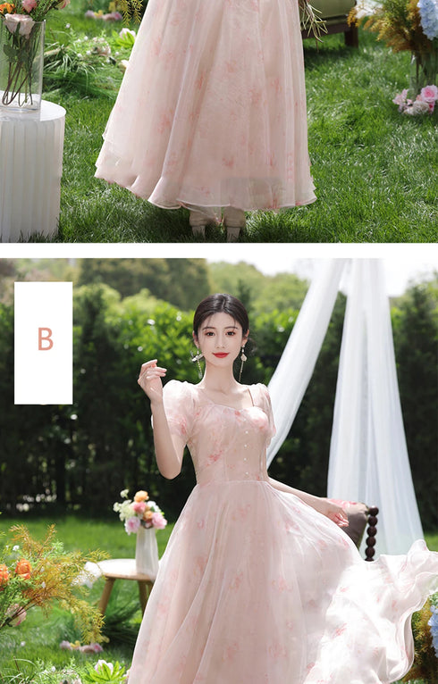 Off Shoulder Bridesmaid Dress Elegant Bubble Sleeve Floral Print Aline Gown For Party