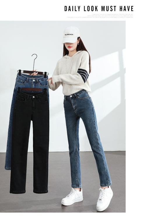 Women's Winter Fleece Warm Jeans Retro Slim Straight Denim Pants