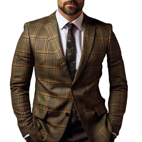 Men Suit Coat Formal Business Slim Fit Plaid Cardigan Coat