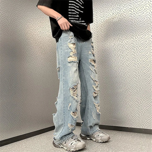 High Street Ripped Jeans Men's Clothing Wide Leg Trousers