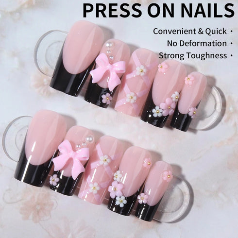 24pcs Reusable Press-On Nails with 3D Bow and Flower Design, Y2K Style Pink Square False Nails for Women and Girls - Short and Medium Length Options