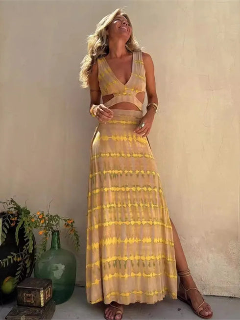 Fashion Print Slim Sleeveless Long Dress for Women with Sexy V Neck Hollow Out Backless Design and Side Slit