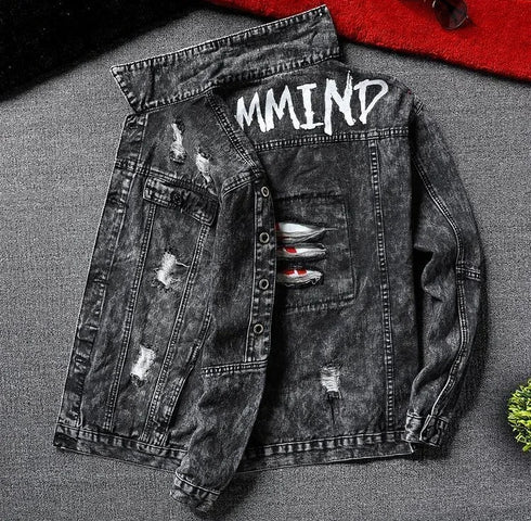 Men's Slim Fit Ripped Denim Jacket with Print for Hip Hop Style - Trendy Outerwear for Dance and Casual Wear
