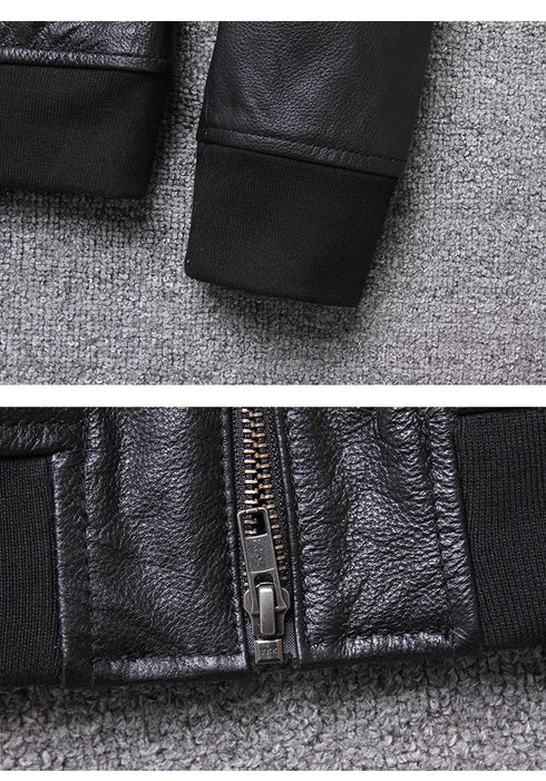 Stylish Casual Men's Bomber Jacket in Genuine Cowhide Leather - Perfect Spring and Autumn Outerwear with Full Sleeves and Zipper Closure