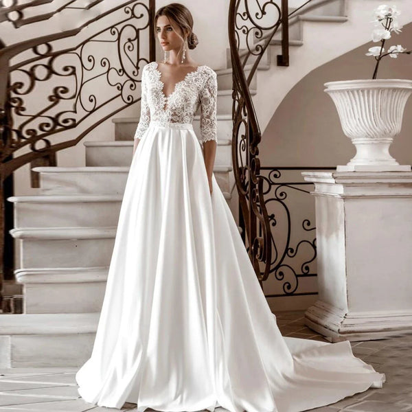 Elegant Sexy V-Neck Women Wedding Dresses Mopping Length Gowns
