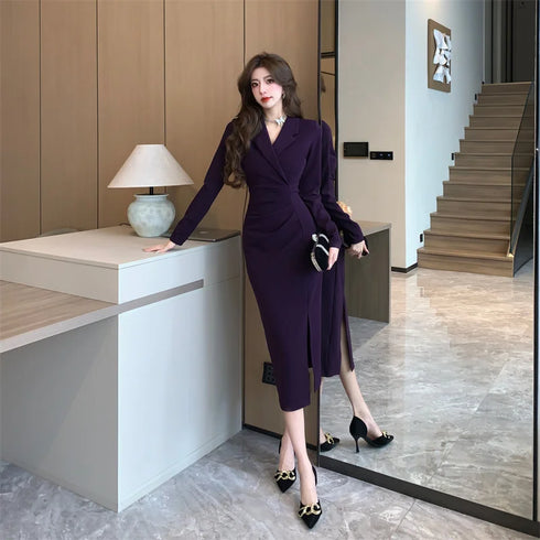 Purpled Elegant Pleated Bodycon Suit Dress for Women Chic Formal Dress