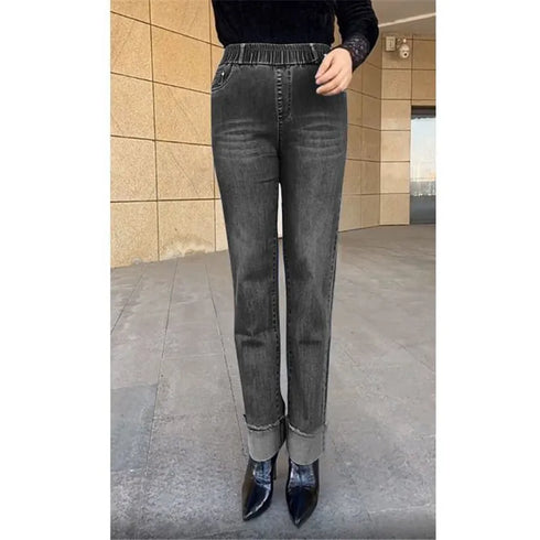 Elastic Waist Jeans For Women High Waist Wide Leg Denim Pants Loose Fit Casual Trousers