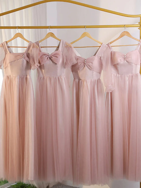 V-Neck Ruched Tulle A-Line Dress With Square Collar And Appliques And Bow Bridesmaid Dress