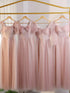 V-Neck Ruched Tulle A-Line Dress With Square Collar And Appliques And Bow Bridesmaid Dress
