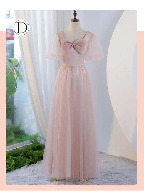 V-Neck Ruched Tulle A-Line Dress With Square Collar And Appliques And Bow Bridesmaid Dress