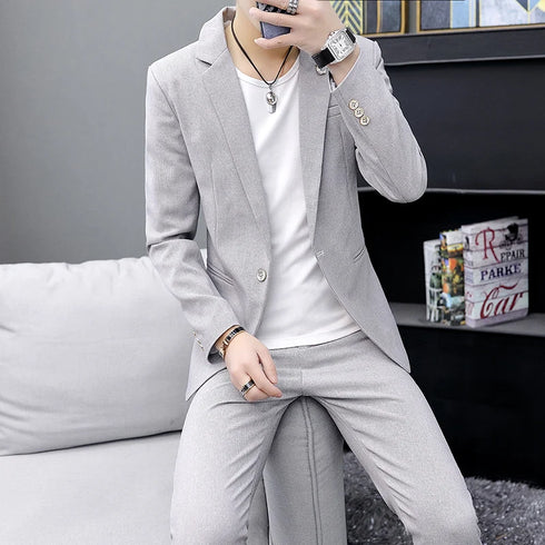 Casual Men's Suit Set Slim Fit Two-Piece Fashionable Korean Style