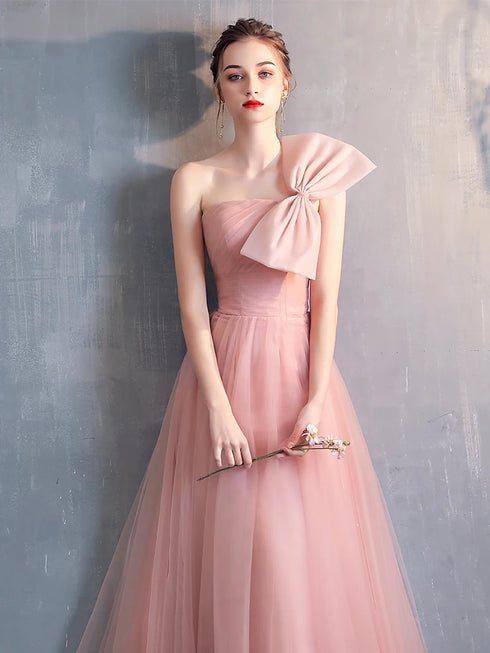 Bridesmaid Dress Tea-Length Tulle With Built-In Bra, V-Neck Pleated Design For Prom And Wedding Dress