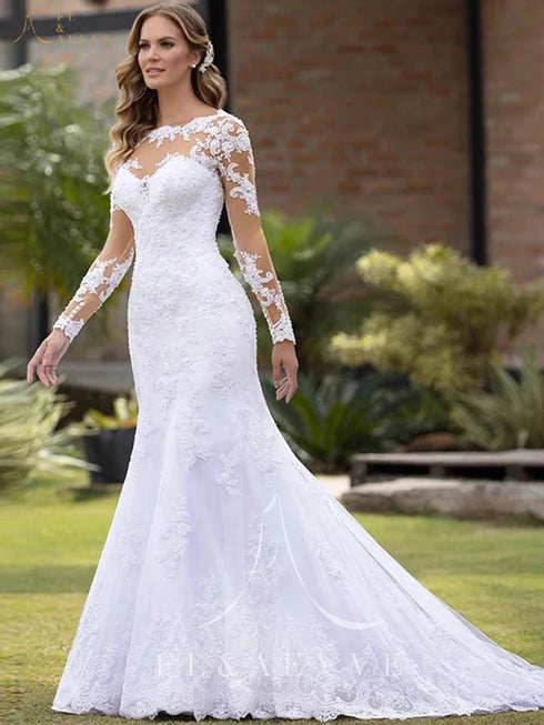 Elegant Long Sleeve Lace Wedding Dresses Mermaid Bridal Gown